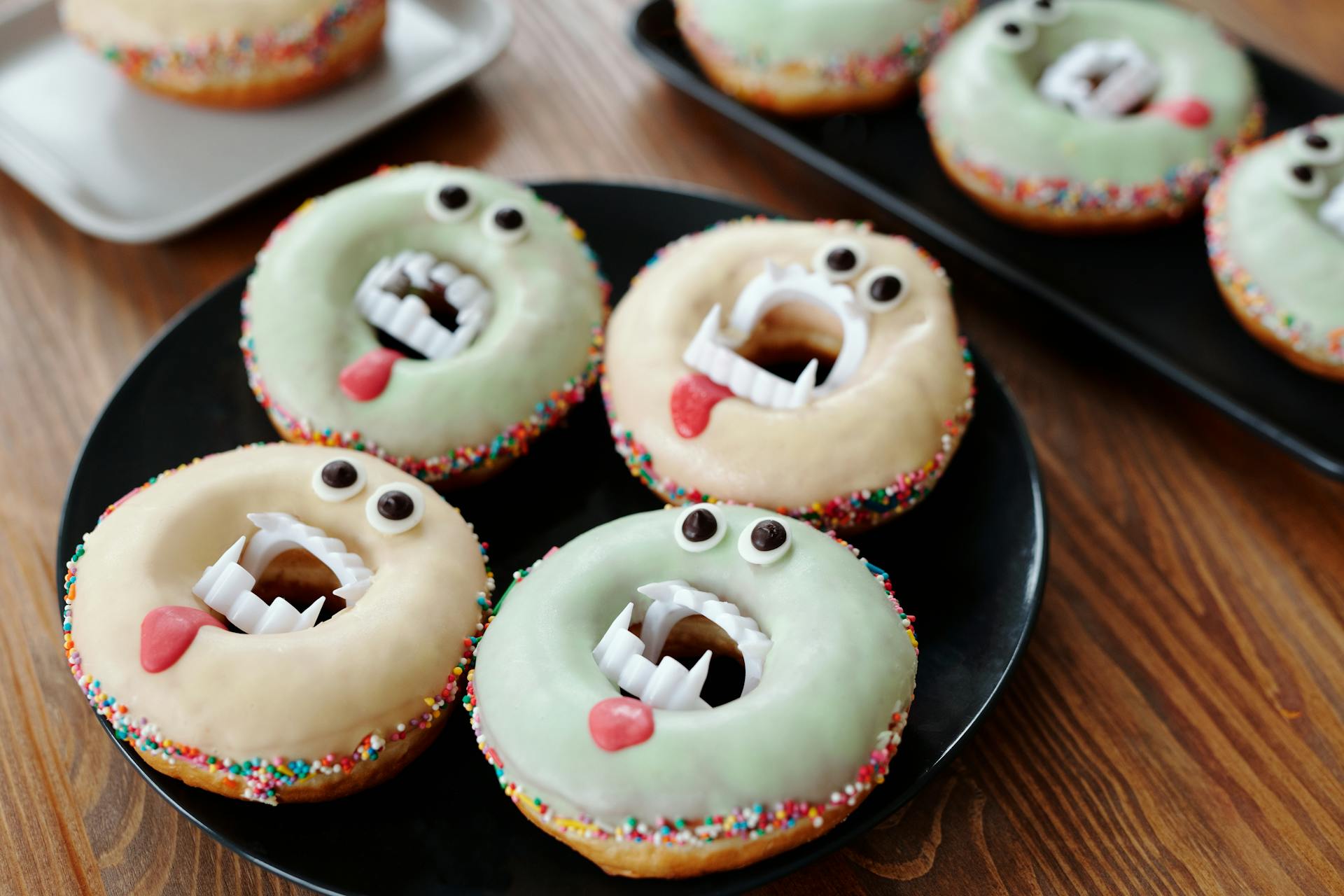 Doughnuts decorated to look like vampires.