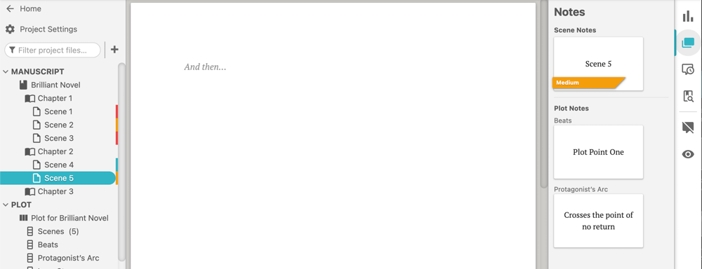 Screenshot of a Dabble manuscript with Scene Cards accessible on the right-hand side of the page.
