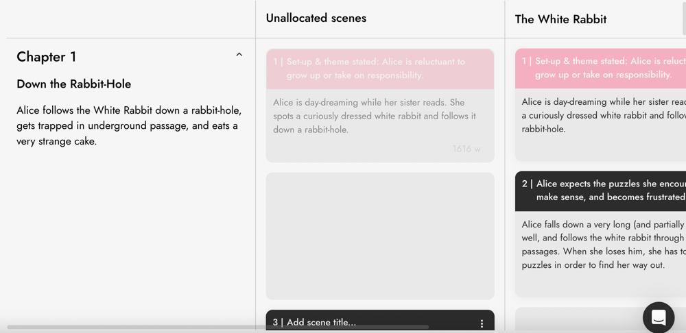 Screenshot of First Draft Pro's Plot Outline for Alice in Wonderland with scenes distributed to different plot lines.