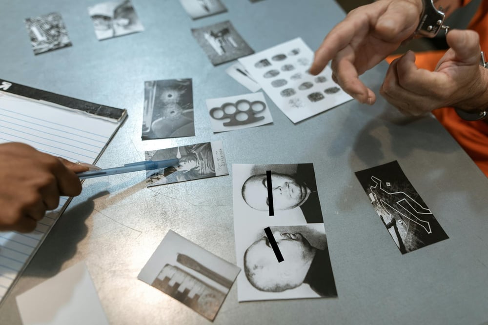 One free hand and two handcuffed hands point to photographs spread out on an interrogation room table.