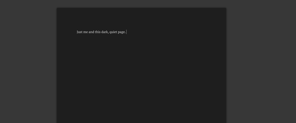 A Dabble manuscript in dark theme and focus mode, with no toolbars and only a black screen with the words
