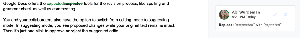 Screenshot of a suggested change in Google Docs.