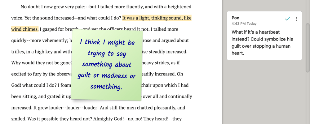Screenshot of a Dabble manuscript showing the text of The Tell-Tale Heart with a sticky note reading