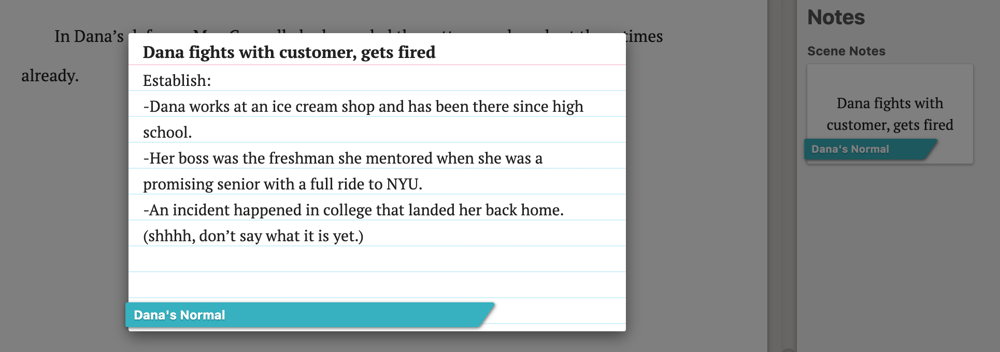 Screenshot of a scene card pulled up in a Dabble manuscript.