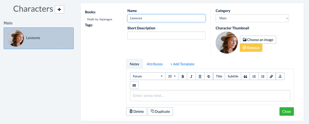 Screenshot of Plottr Character Notes.