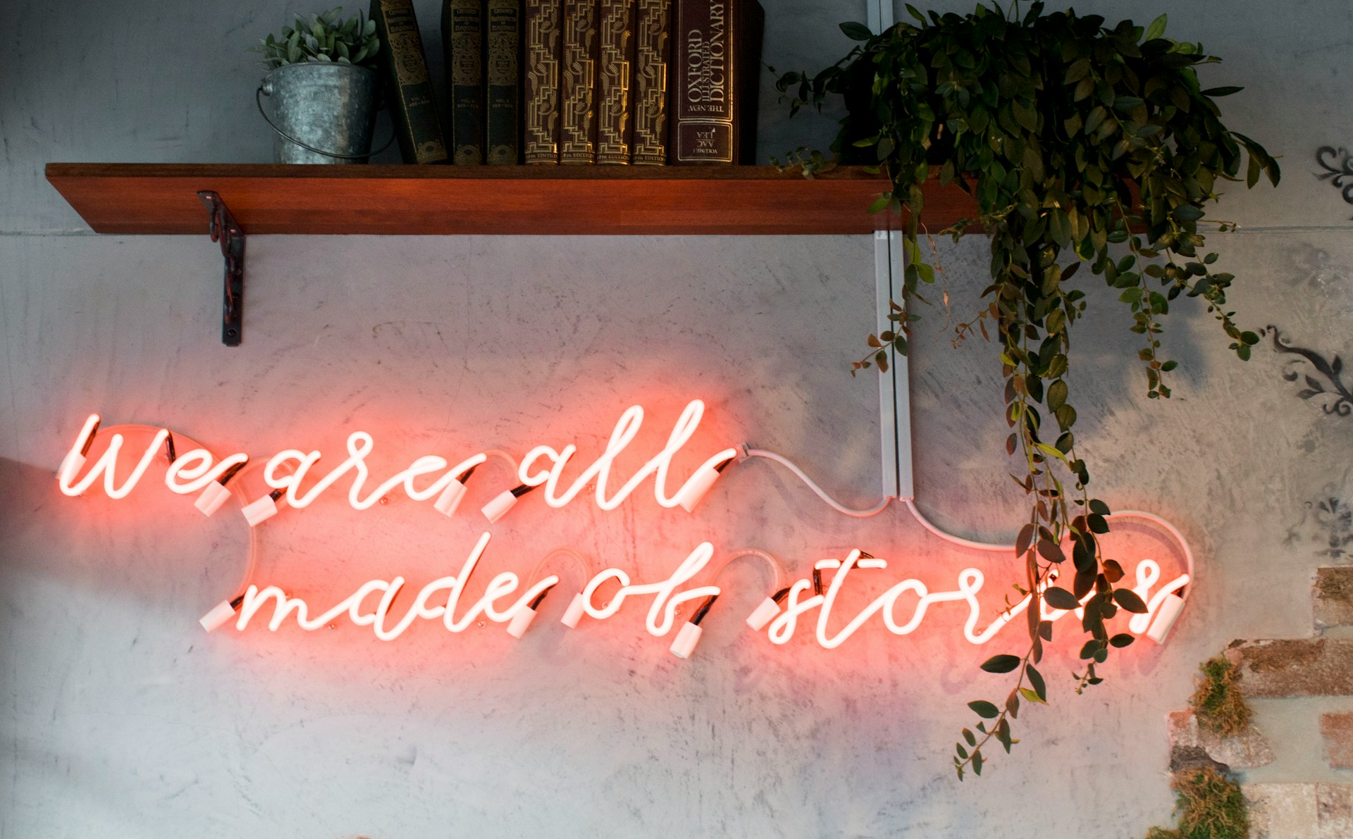 A pink neon sign under a bookshelf reads,