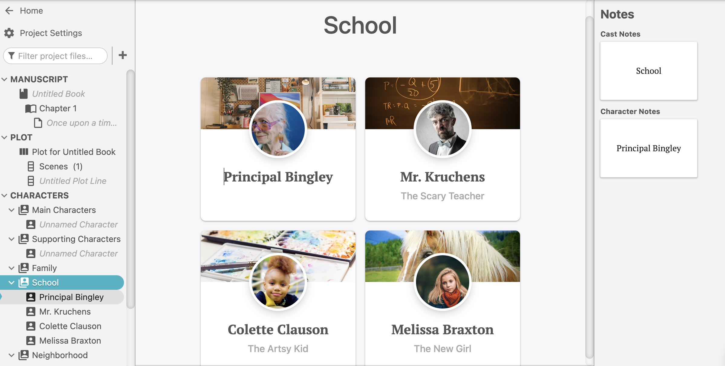 Screenshot of a Cast of colorful Character Profiles on the Dabble app.
