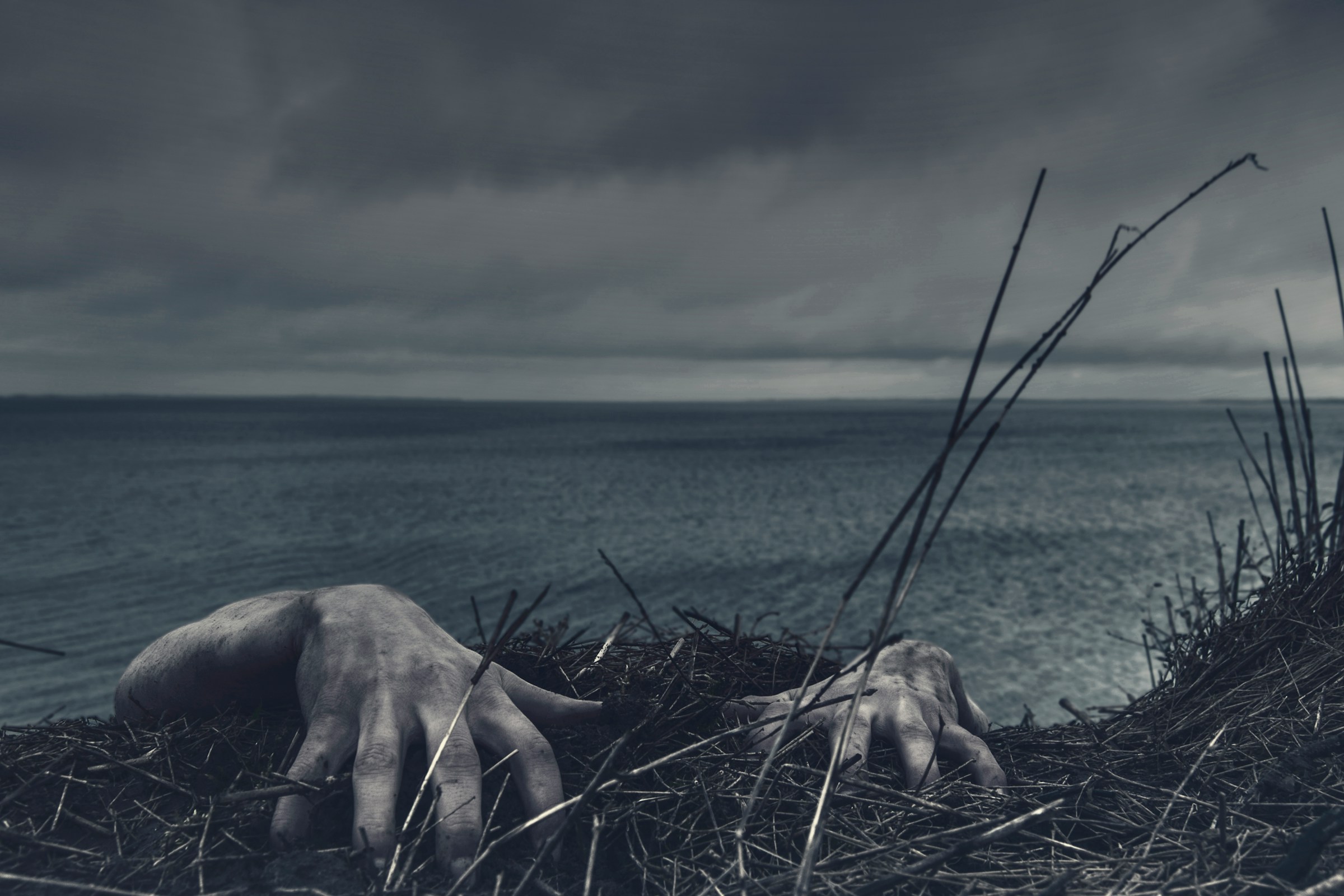 Two human hands grip the edge of a cliff beside a dark sea.