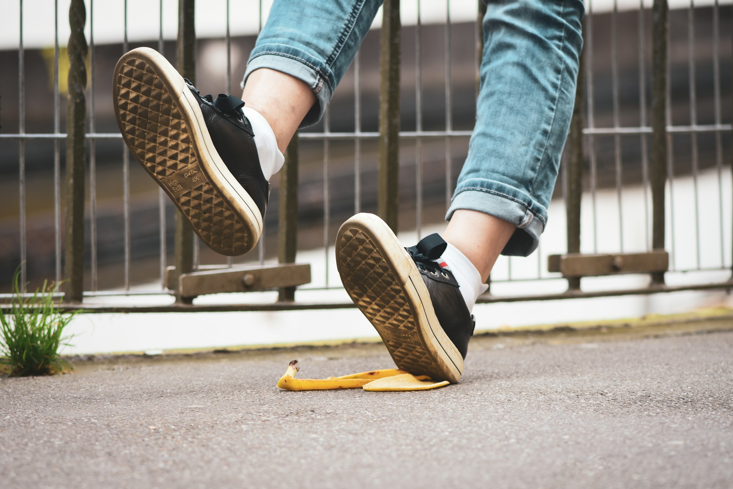 Feet slip on a banana peel.