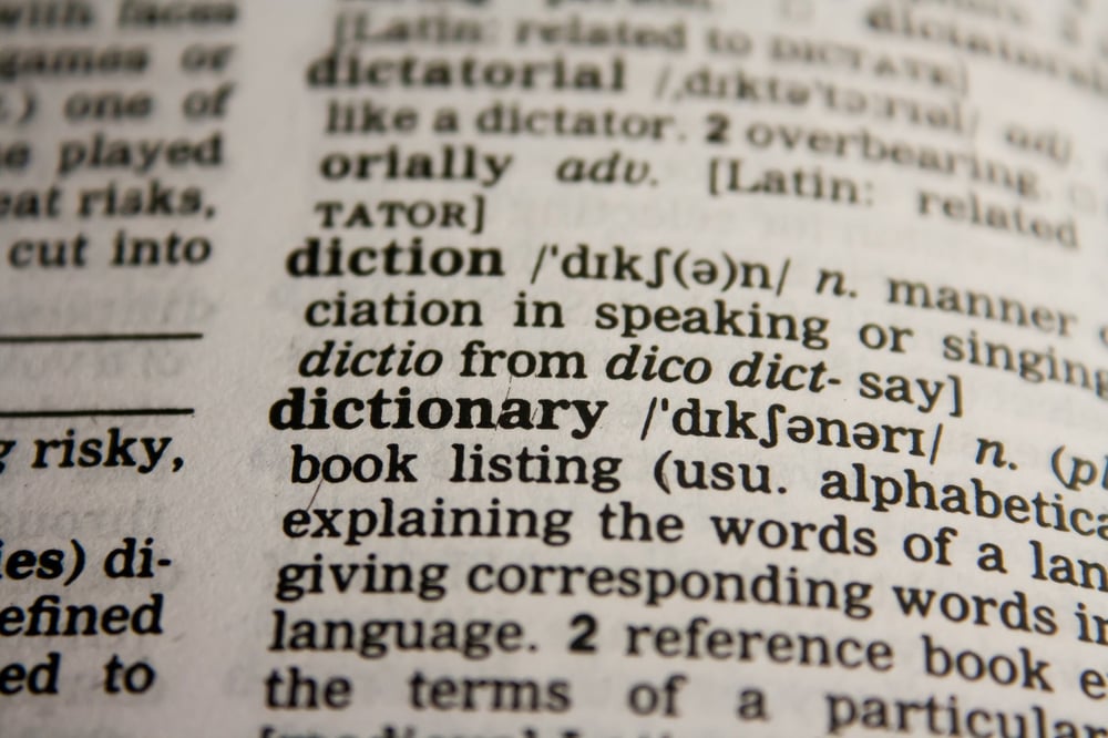An open dictionary showing the entry for the words