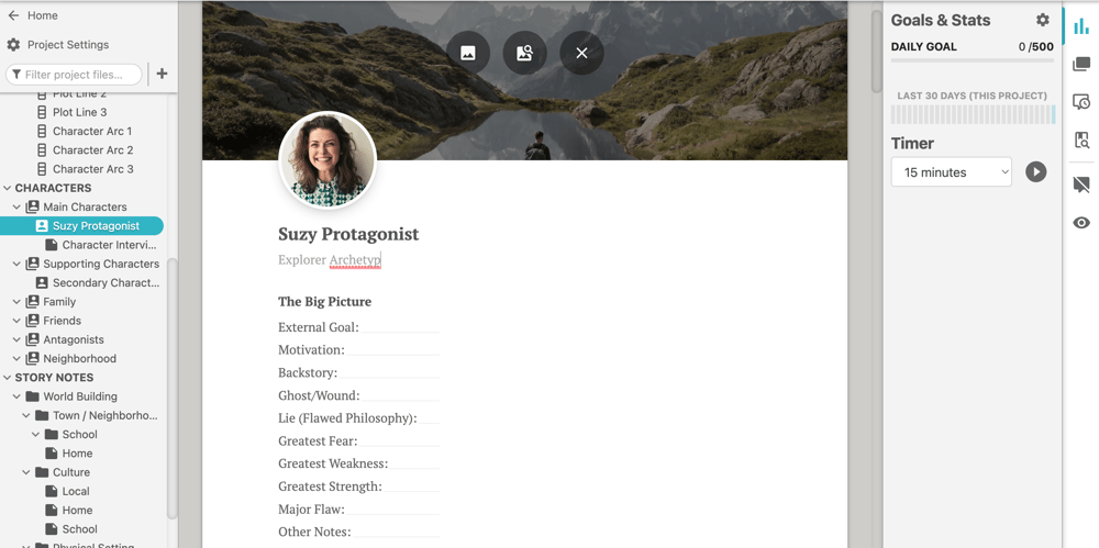Screenshot of a Dabble character profile for a character named