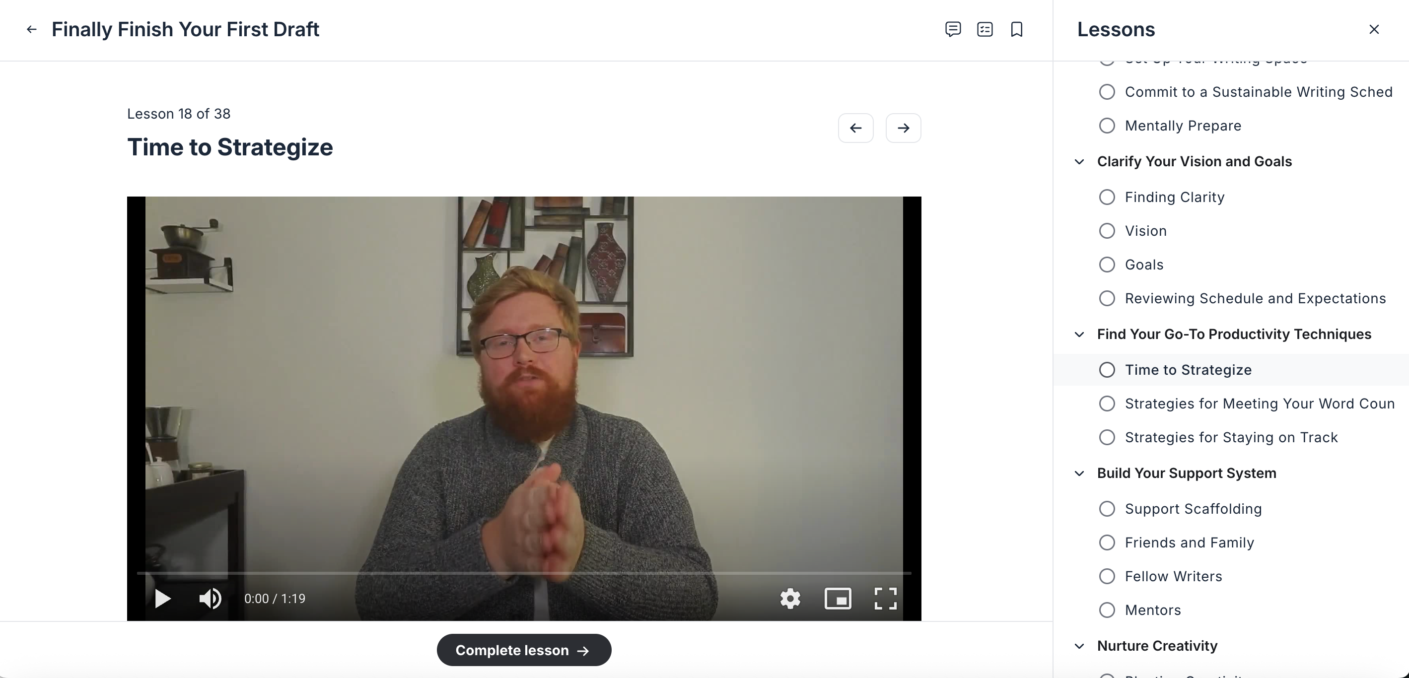 Screenshot of the DabbleU Finally Finish Your First Draft course, with a video of the instructor and a list of lessons.