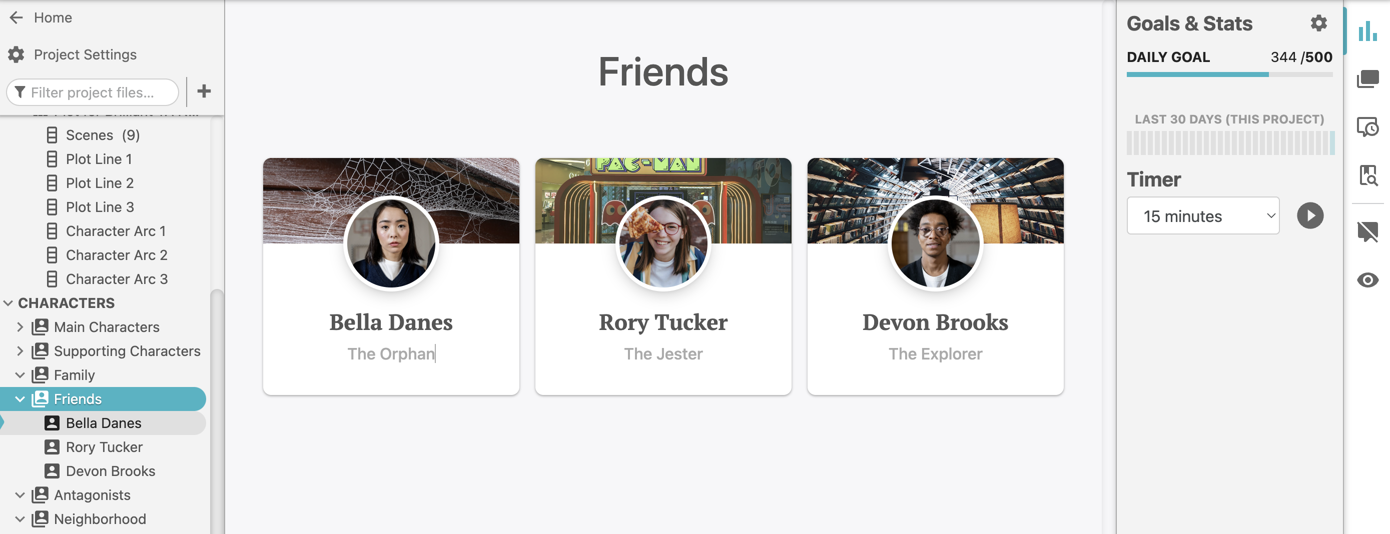 A screenshot of a Dabble Cast featuring teen characters for a YA novel.