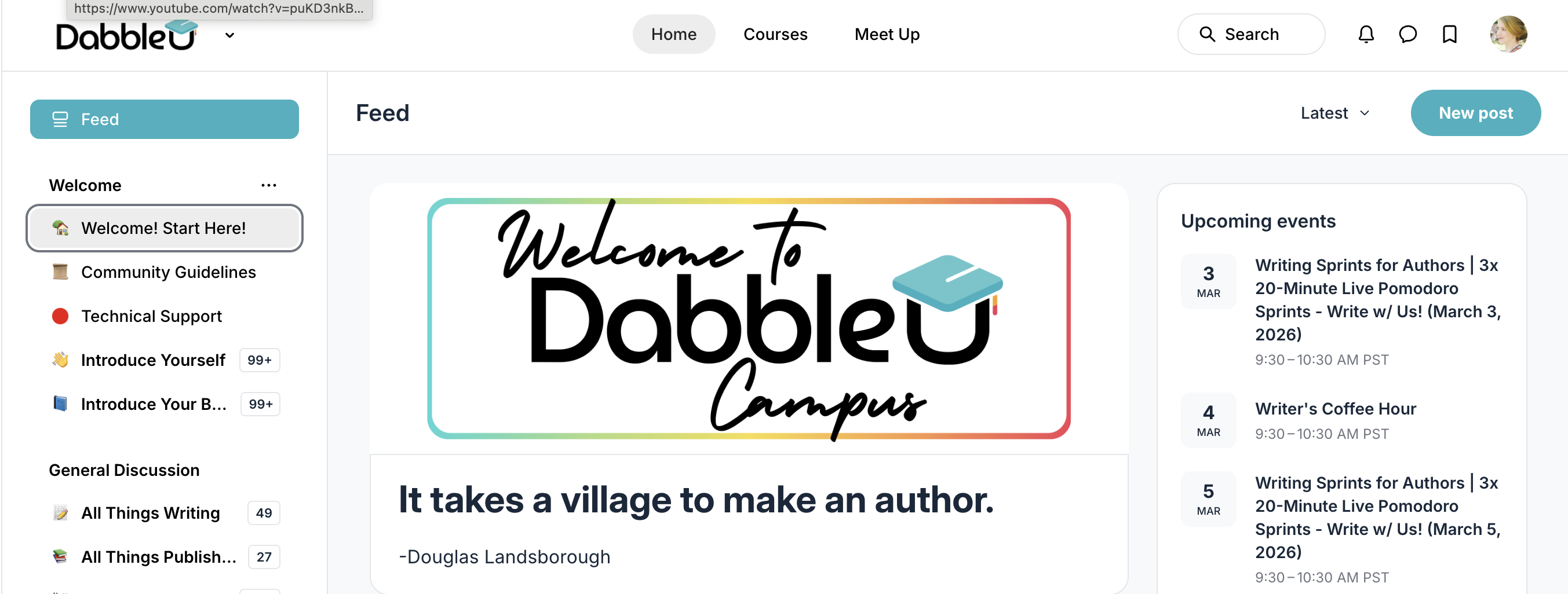 A screenshot of the DabbleU Campus homepage with the tagline