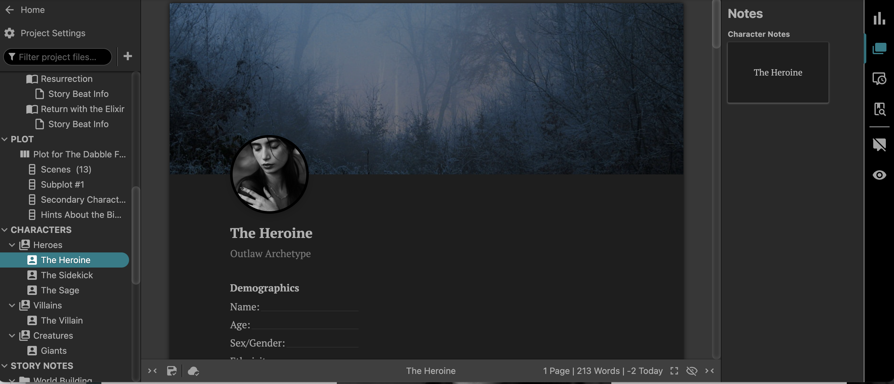 Screenshot of a Dabble Character Profile for a dark fantasy character.