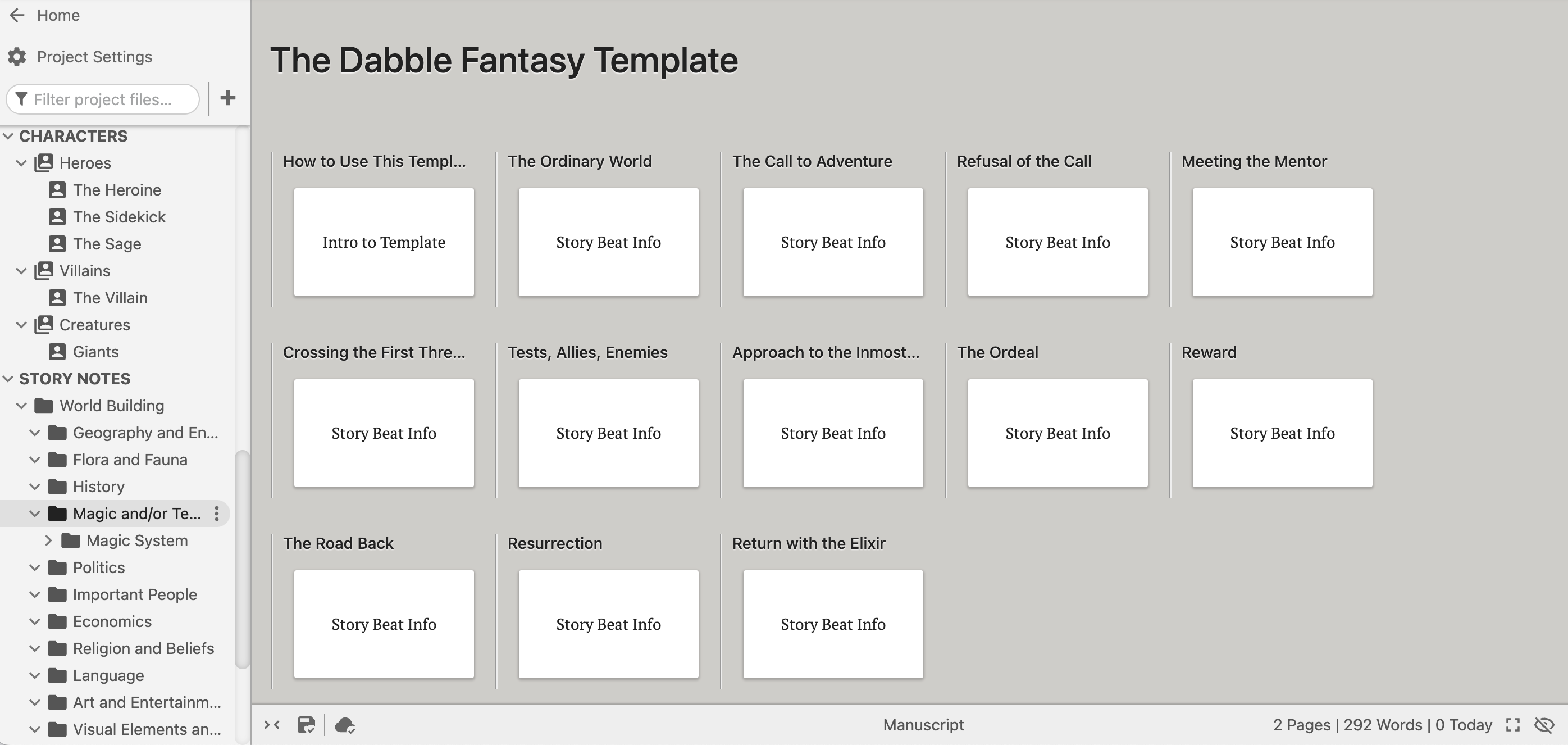 Screenshot of the Dabble Fantasy Template, showing story beats in Manuscript View, as well as a left navigation pane with Character Profiles and a worldbuilding bible.