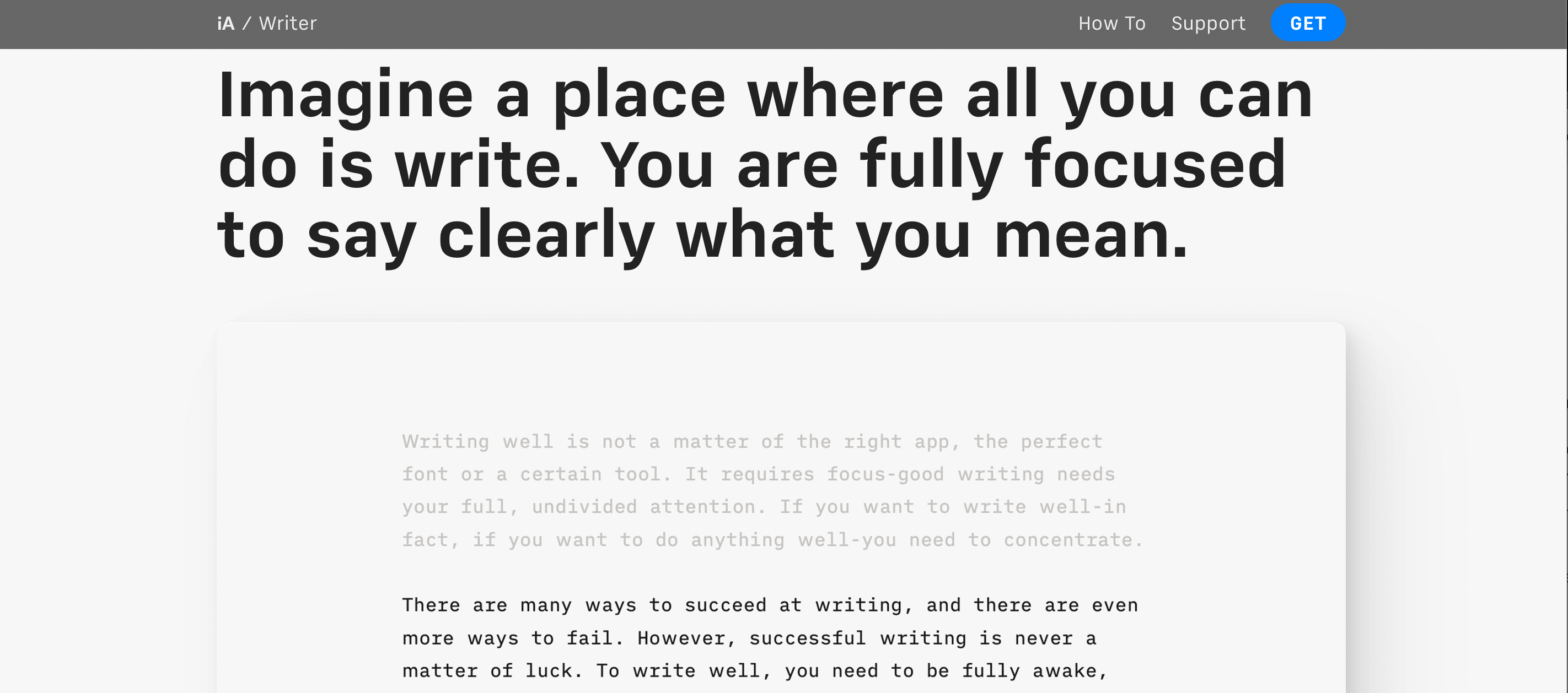 A screenshot of the iA Writer homepage, showing a demonstration of focus mode.