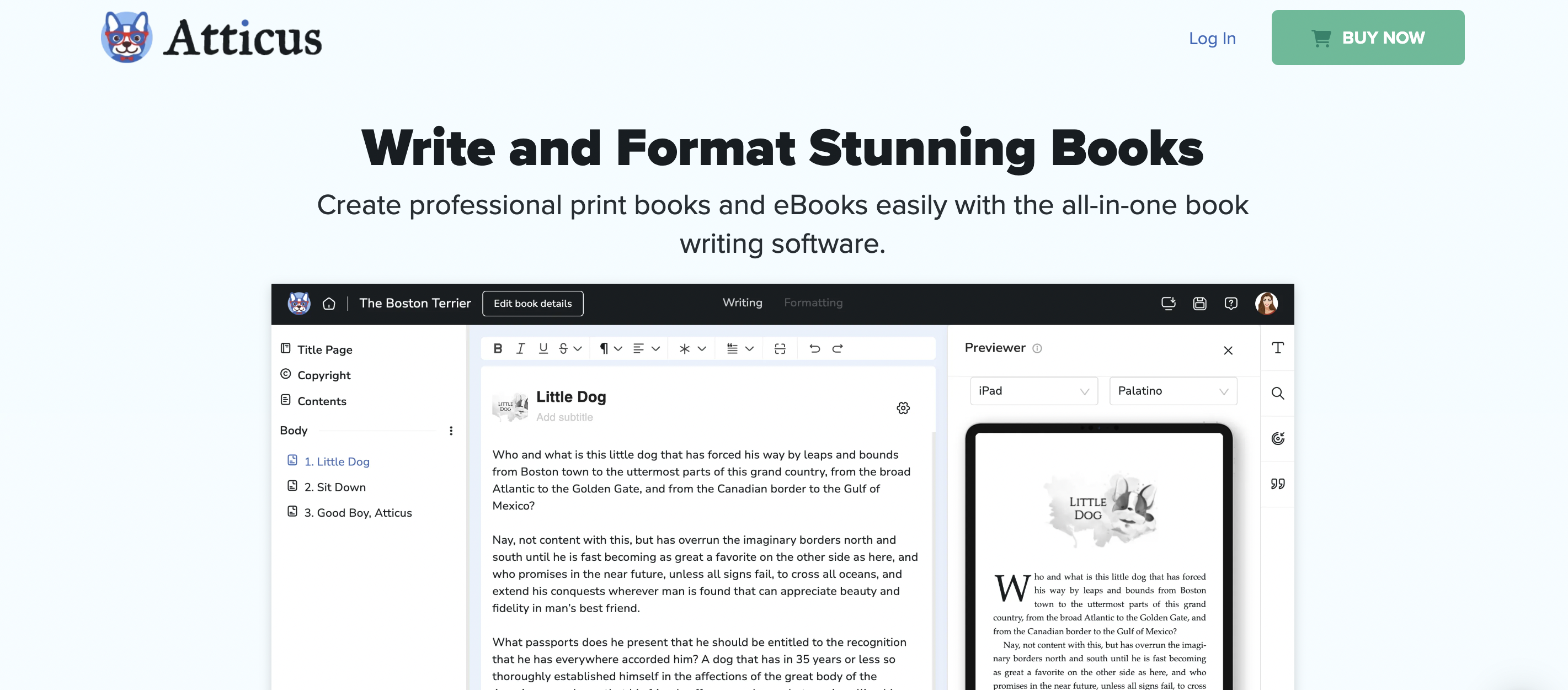A screenshot of the Atticus homepage showing an Atticus project formatted for e-book.