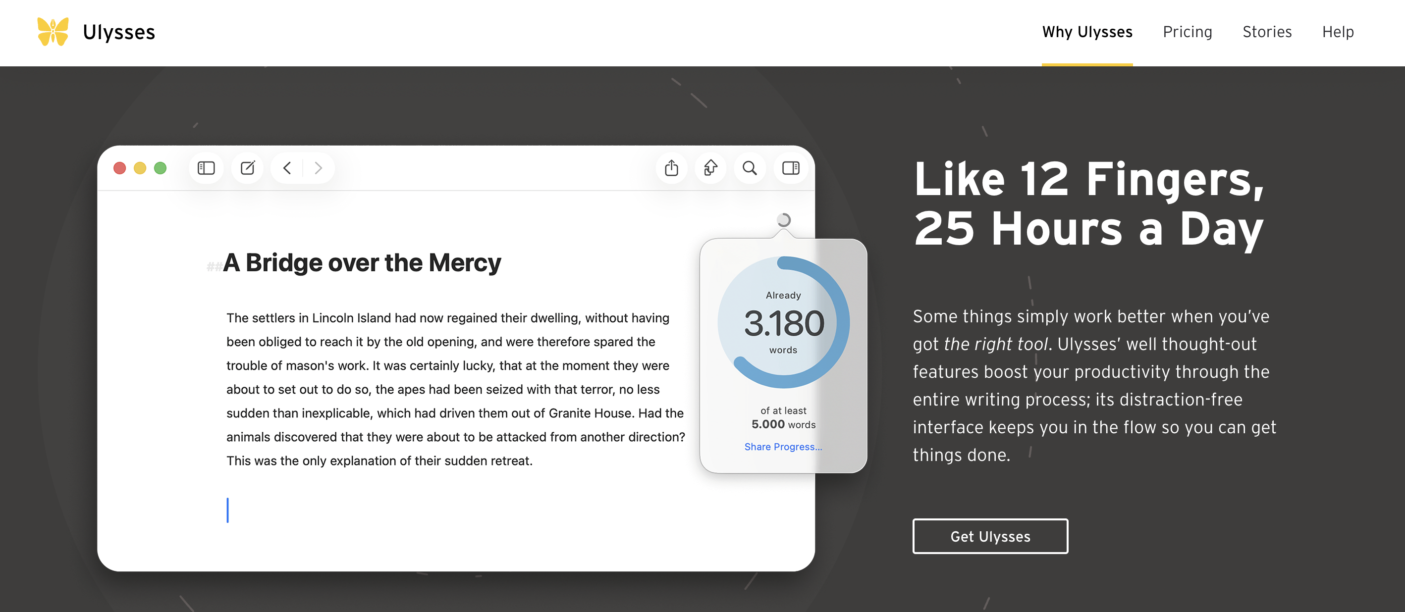 A screenshot of the Ulysses homepage showing a writing project on a minimalist workspace with the slogan