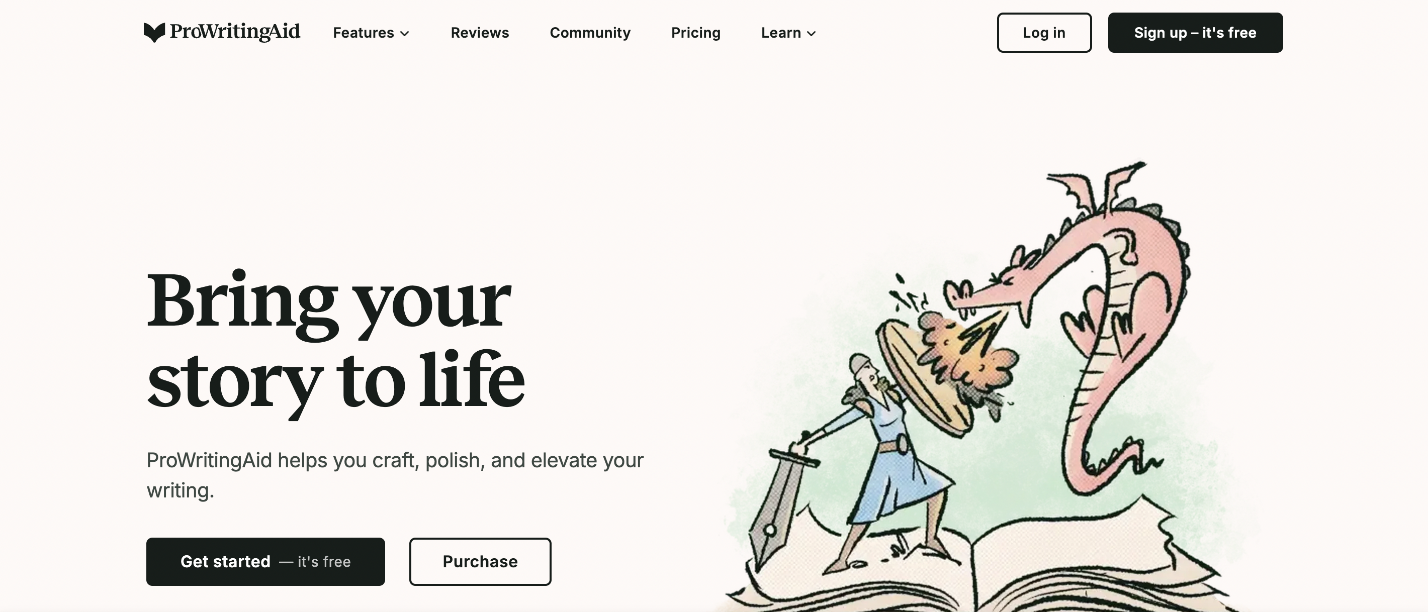 A screenshot of the ProWritingAid homepage with the slogan
