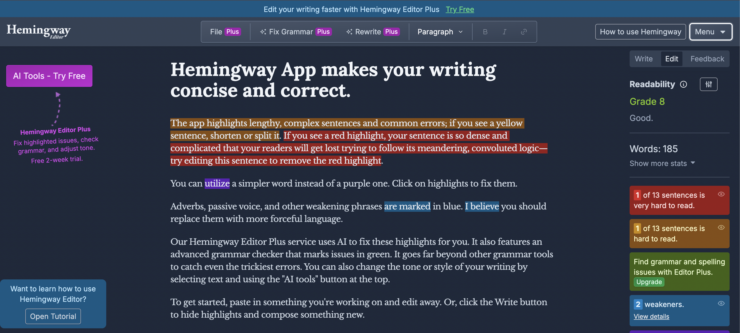 A screenshot of the Hemingway Editor homepage demonstrating its features with a passage color-coded to show style errors.