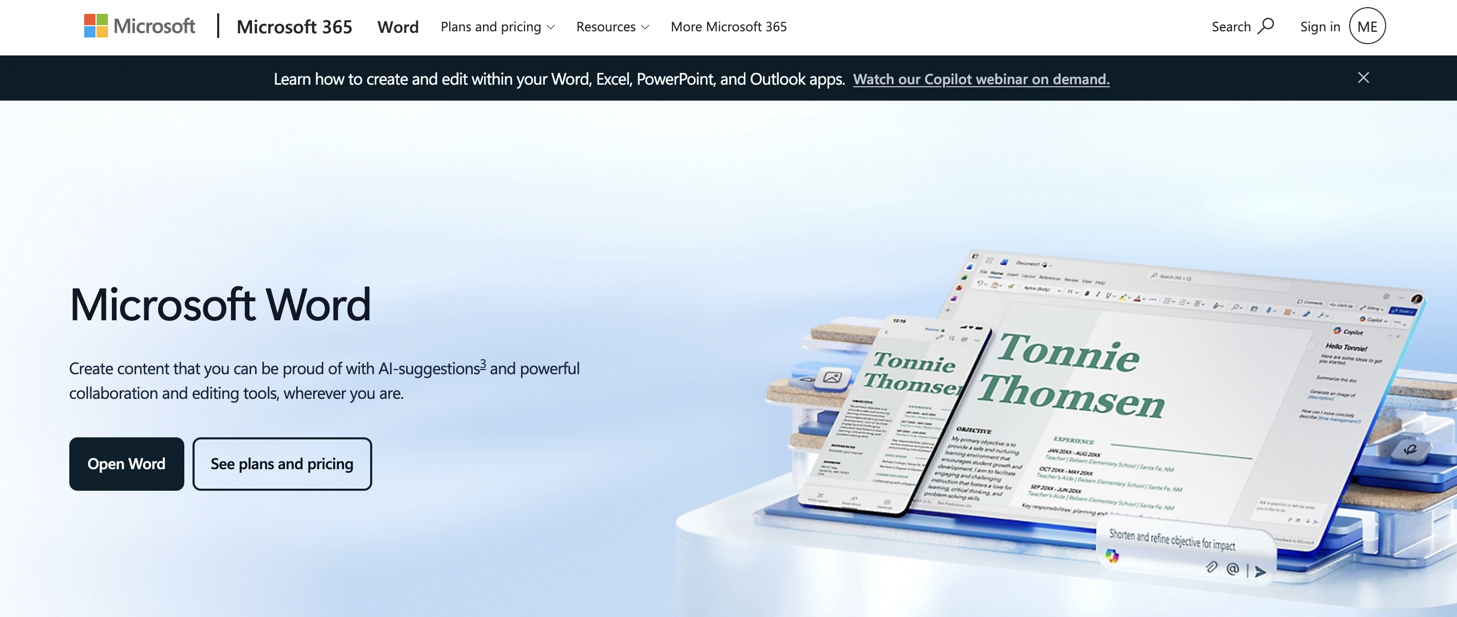 A screenshot for the web page of Microsoft Word.