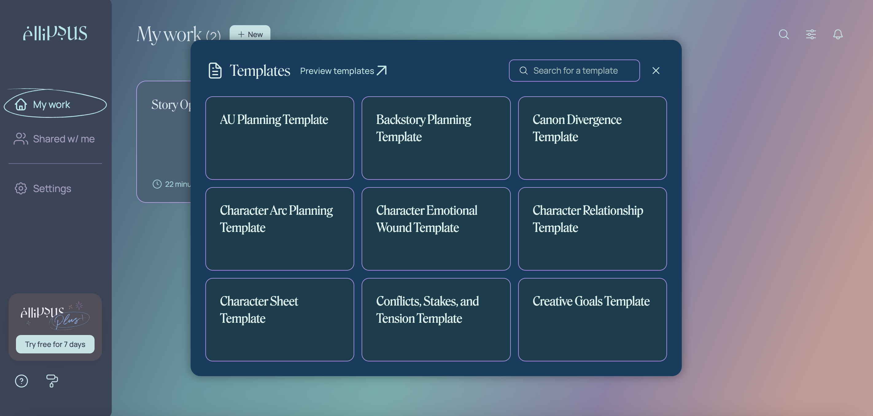 A screenshot of the fiction-writing templates on Ellipsus.