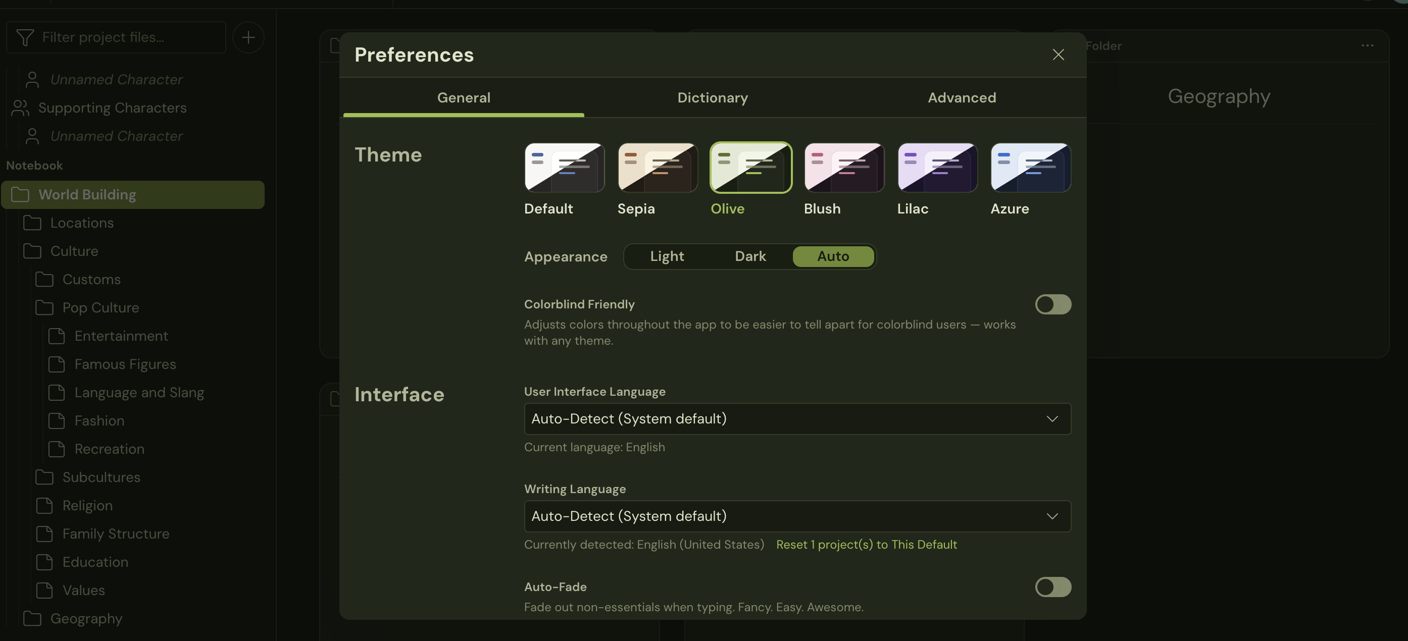 A screenshot of the Dabble preferences menu.
