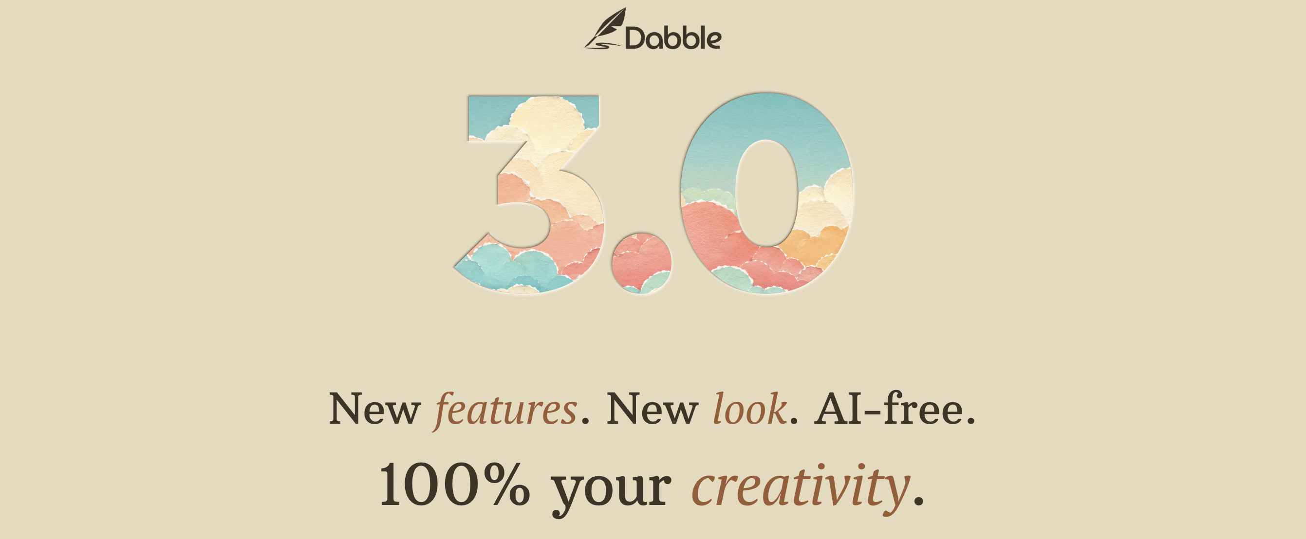 A screenshot of the Dabble website announcing the new AI-free Dabble 3.0