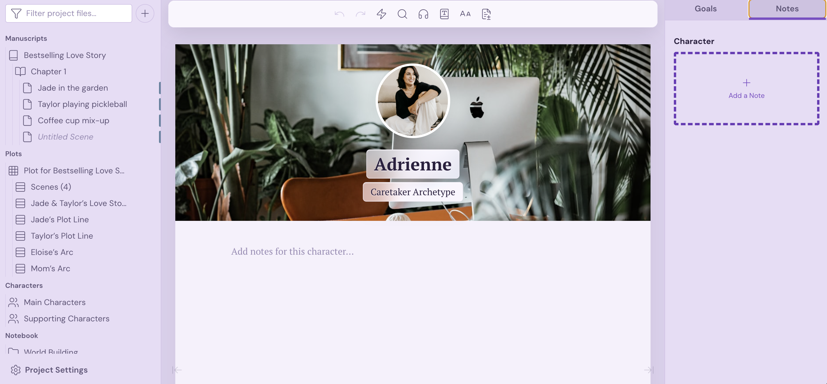 Screenshot of a romance Character Profile in Dabble.