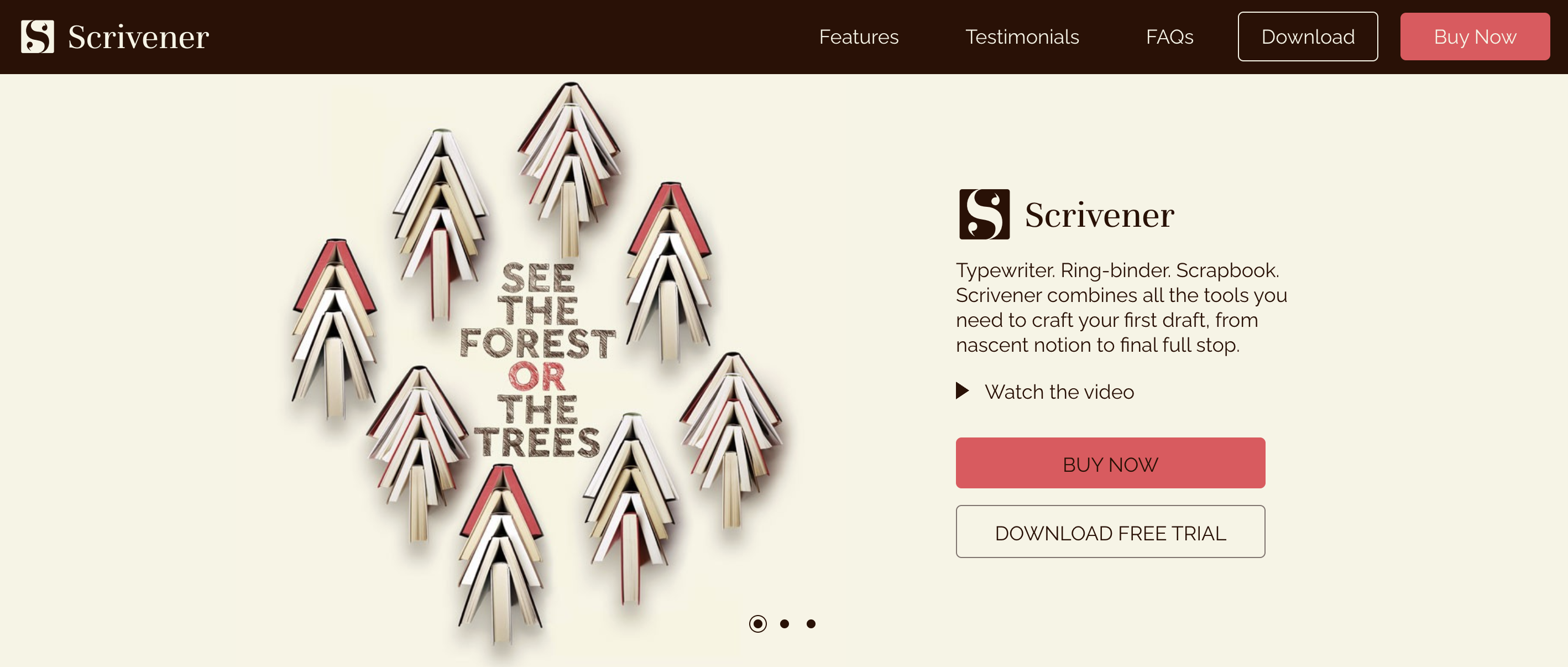 Screenshot of the Scrivener homepage with the slogan